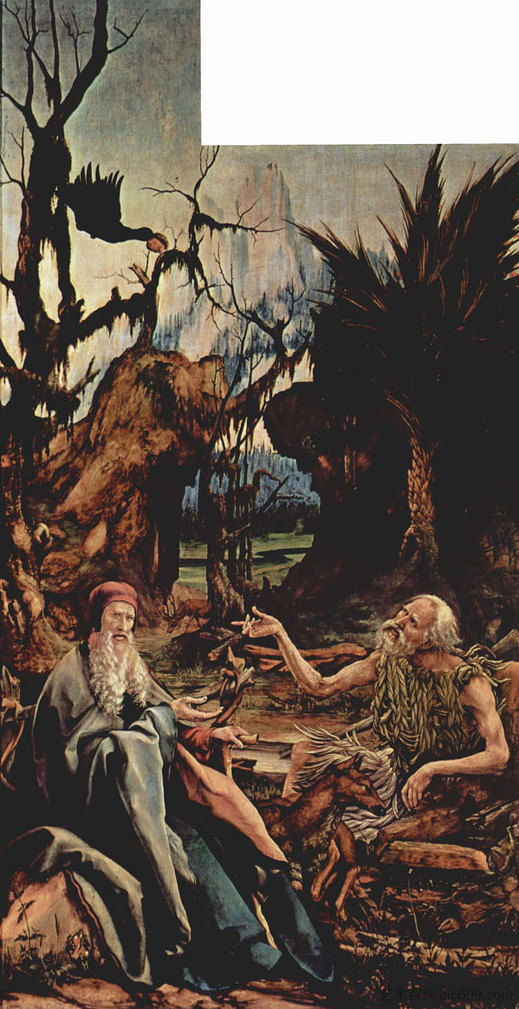 圣安东尼在沙漠中拜访隐士圣保罗(伊森海姆祭坛左翼) St. Anthony Visiting St. Paul the Hermit in the Desert (left wing of the Isenheim Altar) (1512 - 1516),马蒂亚斯·格吕内瓦尔德