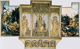 祭坛的第二视图。圣安东尼在沙漠中拜访隐士圣保罗（左），圣安东尼的诱惑（右）。中央部分是圣奥古斯特、圣安东尼、圣杰罗姆的雕刻人物;底部耶稣与12个使徒。 The second view of the altar. St Anthony Visiting St Paul the Hermit in the Desert (left), The Temptation of St. Anthony (right). Central part are carved figures of St. August, St. Anthony, St. Jerome; bottom part Jesus with 12 Apostles. (1510 – 1515)，马蒂亚斯·格吕内瓦尔德
