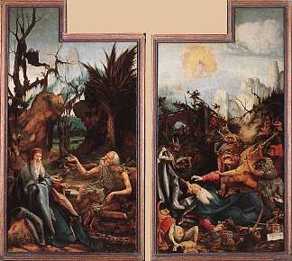 圣安东尼参观圣保罗和圣安东尼的诱惑 Visit of St. Anthony to St. Paul and Temptation of St. Anthony (c.1515)，马蒂亚斯·格吕内瓦尔德