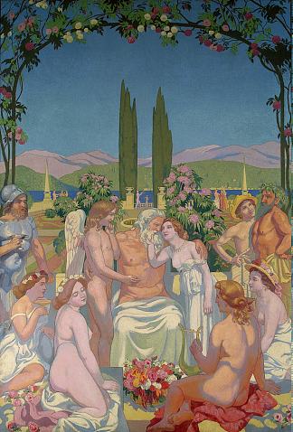 心灵的故事：小组5。在众神面前，朱庇特赋予普赛克不朽，并庆祝她与爱神结婚 The Story of Psyche: panel 5. In the Presence of the Gods Jupiter Bestows Immortality on Psyche and Celebrates Her Marriage to Eros (1908)，莫里斯·丹尼斯