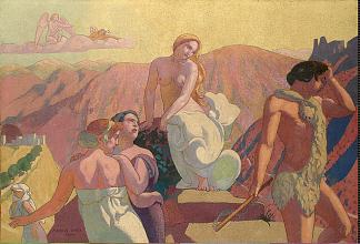 心灵的故事：小组6。普赛克的亲人在山顶告别 The Story of Psyche: panel 6. Psyche’s Kin Bid Her Farewell on a Mountain Top (1908)，莫里斯·丹尼斯