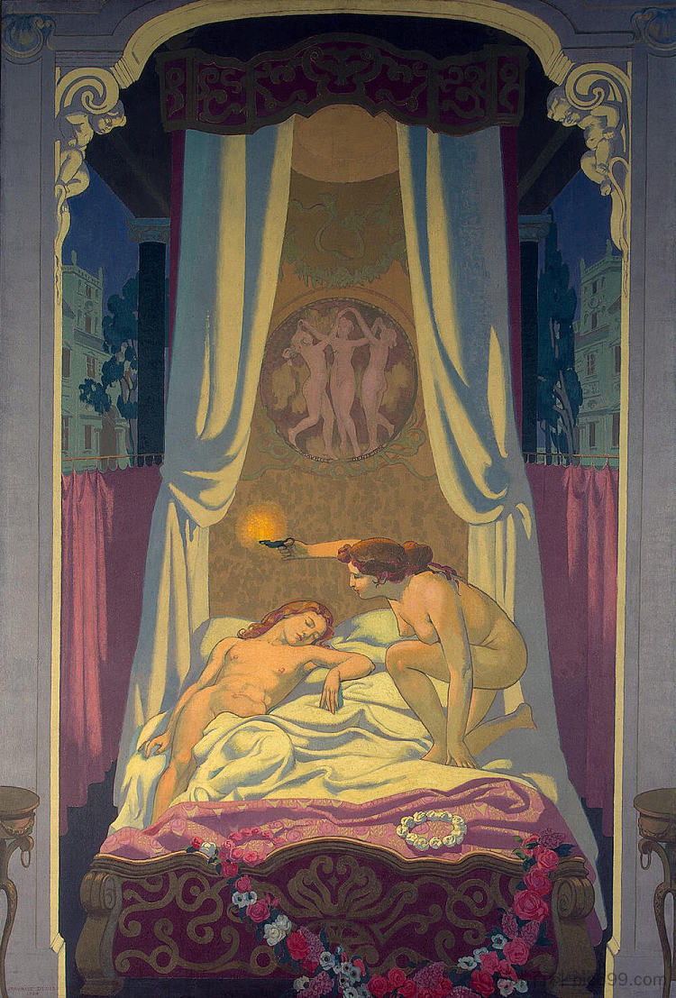 心灵的故事:小组3。普赛克发现她的神秘情人是爱神 The Story of Psyche: panel 3. Psyche Discovers that Her Mysterious Lover is Eros (1908),莫里斯·丹尼斯