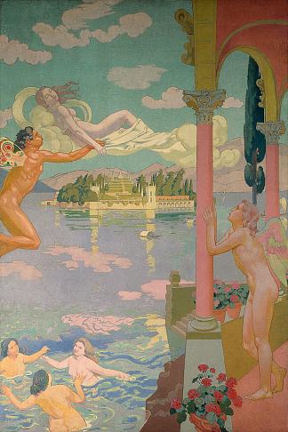 心灵的故事：小组2。西风将心灵运送到喜悦岛 The Story of Psyche: panel 2. Zephyr Transporting Psyche to the Island of Delight (1908)，莫里斯·丹尼斯
