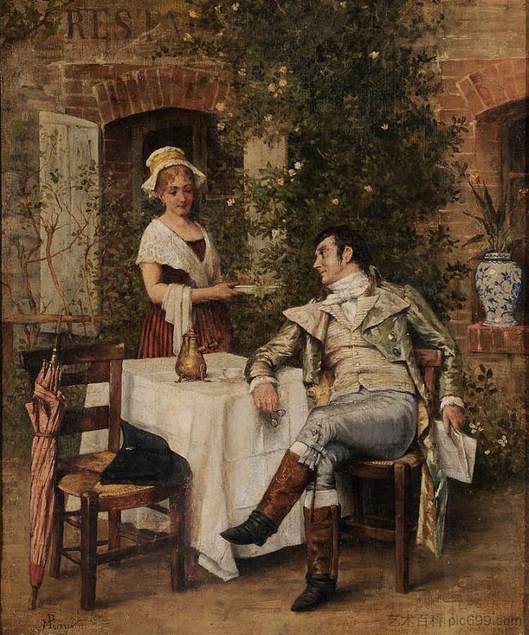 绅士在院子里喝茶 Gentleman Taking Tea in a Courtyard (c.1872)，莫里斯·波尔森