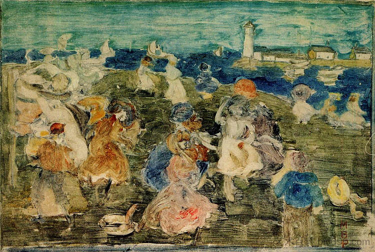 海滩场景与灯塔（也称为海边的孩子） Beach Scene with Lighthouse (also known as Children at the Seashore) (c.1900 - c.1902)，莫里斯·普雷德加斯特