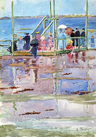 退潮时漂浮，里维尔海滩（也称为海滩上的人） Float at Low Tide, Revere Beach (also known as People at the Beach) (c.1896 – c.1897)，莫里斯·普雷德加斯特