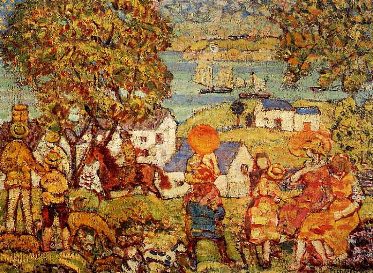 景观人物,小屋和船只 Landscape Figures, Cottages and Boats (c.1916 - c.1918),莫里斯·普雷德加斯特