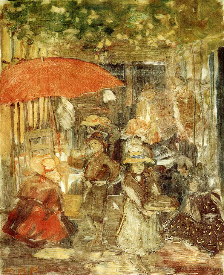 用红伞野餐 Picnic with Red Umbrella (c.1898 - c.1899)，莫里斯·普雷德加斯特