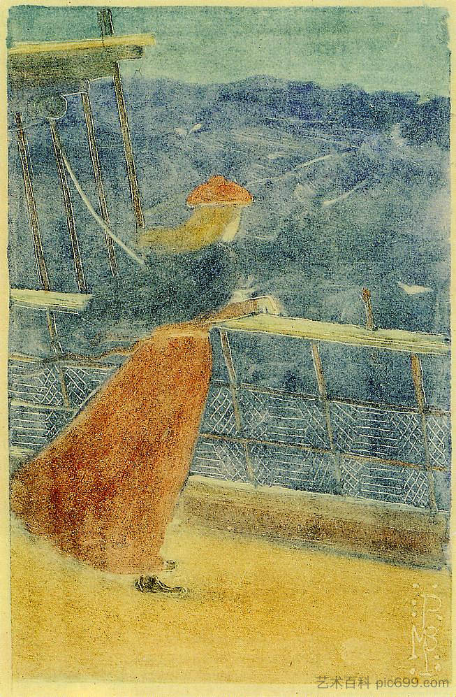 船甲板上的女人,眺望大海(也称为船栏上的女孩) Woman on Ship Deck, Looking out to Sea (also known as Girl at Ship s Rail) (c.1895),莫里斯·普雷德加斯特