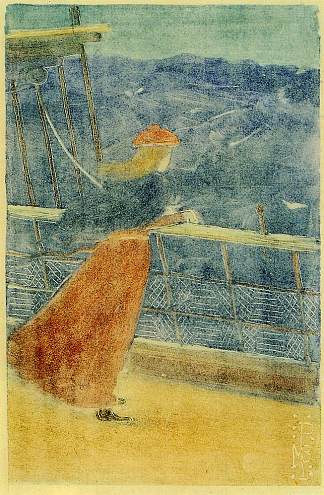 船甲板上的女人，眺望大海（也称为船栏上的女孩） Woman on Ship Deck, Looking out to Sea (also known as Girl at Ship s Rail) (c.1895)，莫里斯·普雷德加斯特