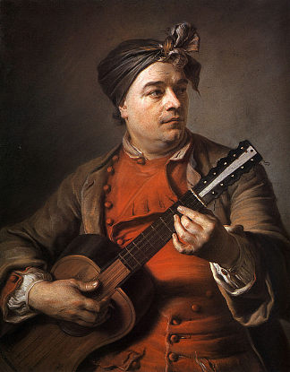 雅克·杜蒙特·勒·罗曼弹吉他 Jacques Dumont le Romain playing the guitar，莫里斯·昆汀·德·拉图尔