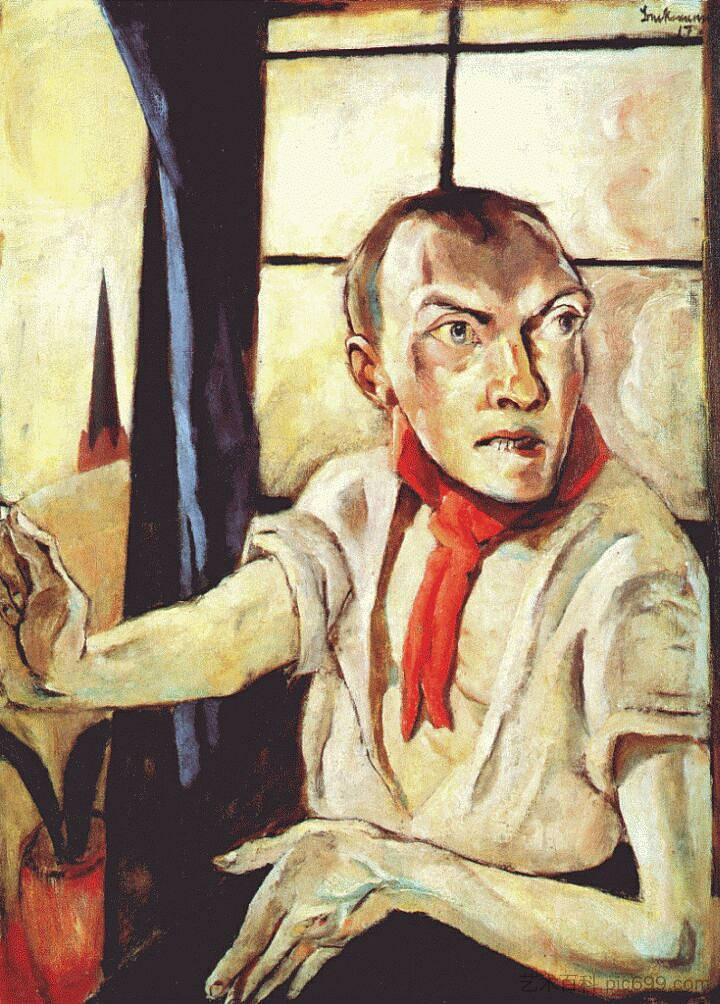 红围巾自画像 Self-Portrait with Red Scarf (1917)，马克斯·贝克曼