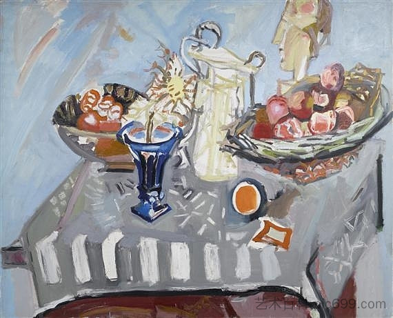 静物与蓟在蓝色花瓶，盐壶，一篮苹果和面具 Still life with thistle in blue vase, salt pot, basket of apples and mask (1956)，马克斯·古布勒