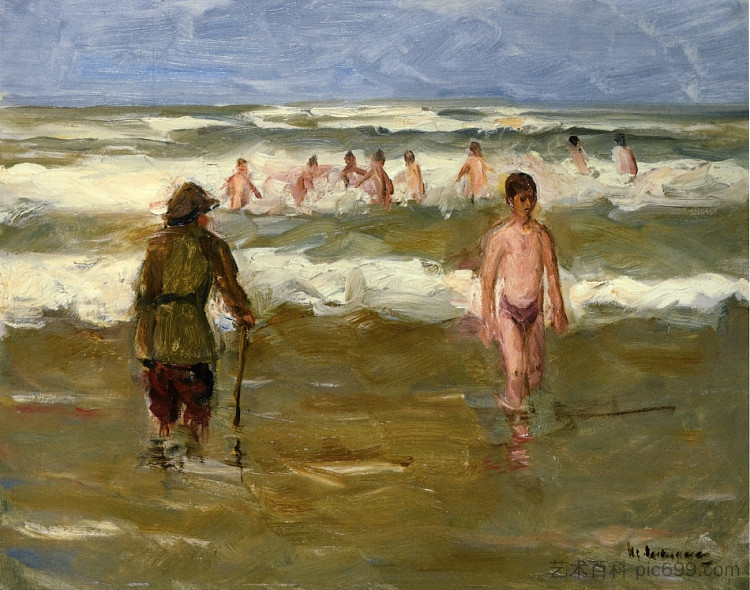 男孩与海滩管理员一起洗澡 Boys Bathing with Beach Warden (1907)，马克思·利伯曼