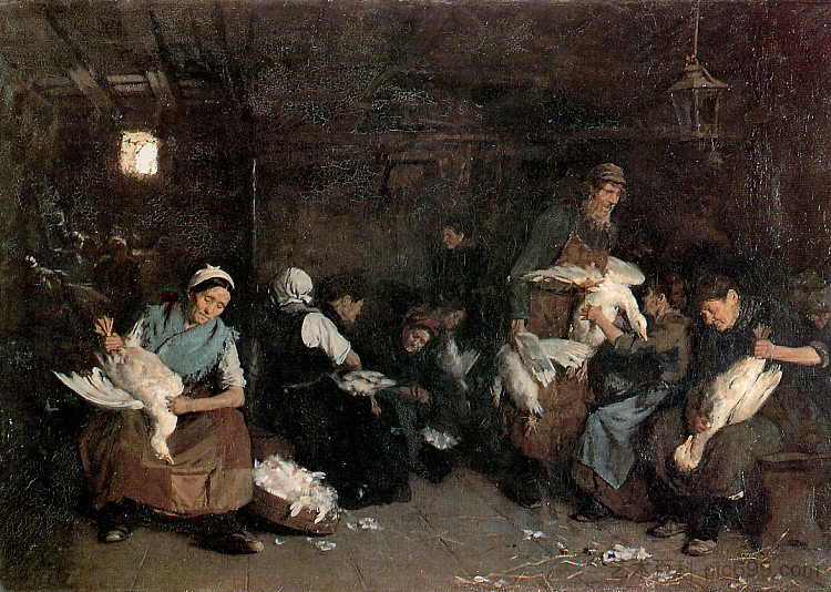 妇女拔鹅 Women plucking geese (1871)，马克思·利伯曼