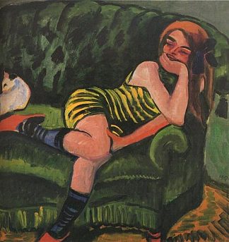 绿色沙发上的女孩与猫 Girl on a Green Sofa with a Cat (1910)，马克斯·佩希斯泰因