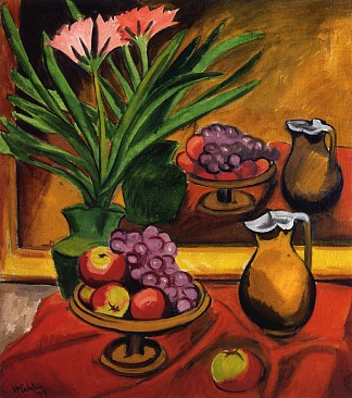 静物与镜子克里维亚，水果和水壶 Still Life with Mirror Clivia, Fruit and Jug (1917)，马克斯·佩希斯泰因