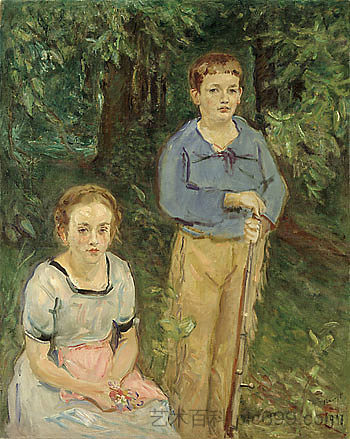 妮娜和沃尔夫冈·斯莱沃格特的肖像（森林里的孩子） Portrait of Nina and Wolfgang Slevogt (Children in the Forest) (1917)，马克思·斯利夫格特