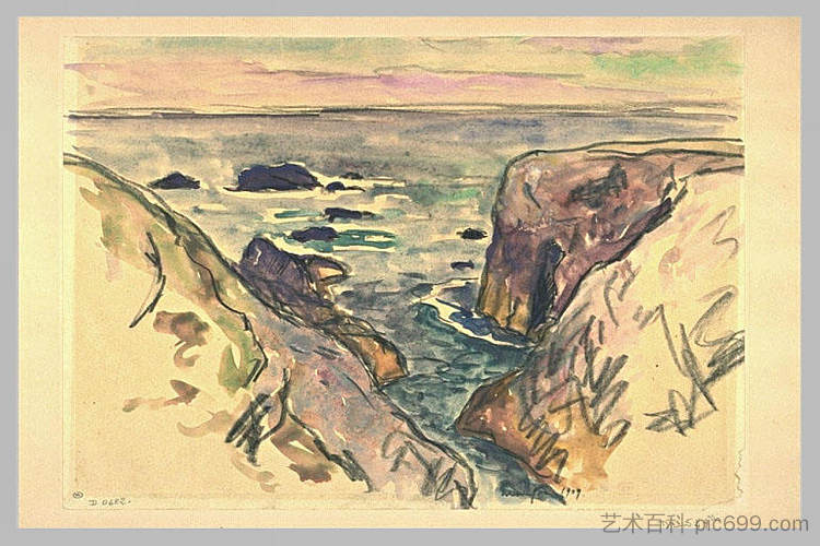 贝尔岛滨海， 晚上， 科特索瓦奇 Belle-Ile-en-Mer, Evening, Cote Sauvage (1909; France  )，马克西姆·莫弗拉