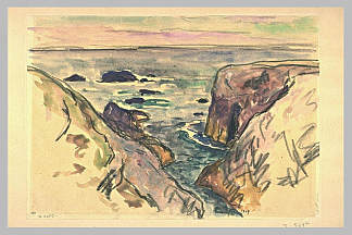 贝尔岛滨海， 晚上， 科特索瓦奇 Belle-Ile-en-Mer, Evening, Cote Sauvage (1909; France                     )，马克西姆·莫弗拉