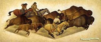 与猎人一起奔跑水牛。壁画素描 Running Buffalo with Hunters. Sketch for a Mural (1939)，梅纳德·迪克森