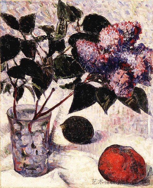 玻璃杯中的丁香花，苹果和柠檬 Lilacs in a Glass, Apple and Lemon (1890)，梅杰尔·艾萨克·德哈恩