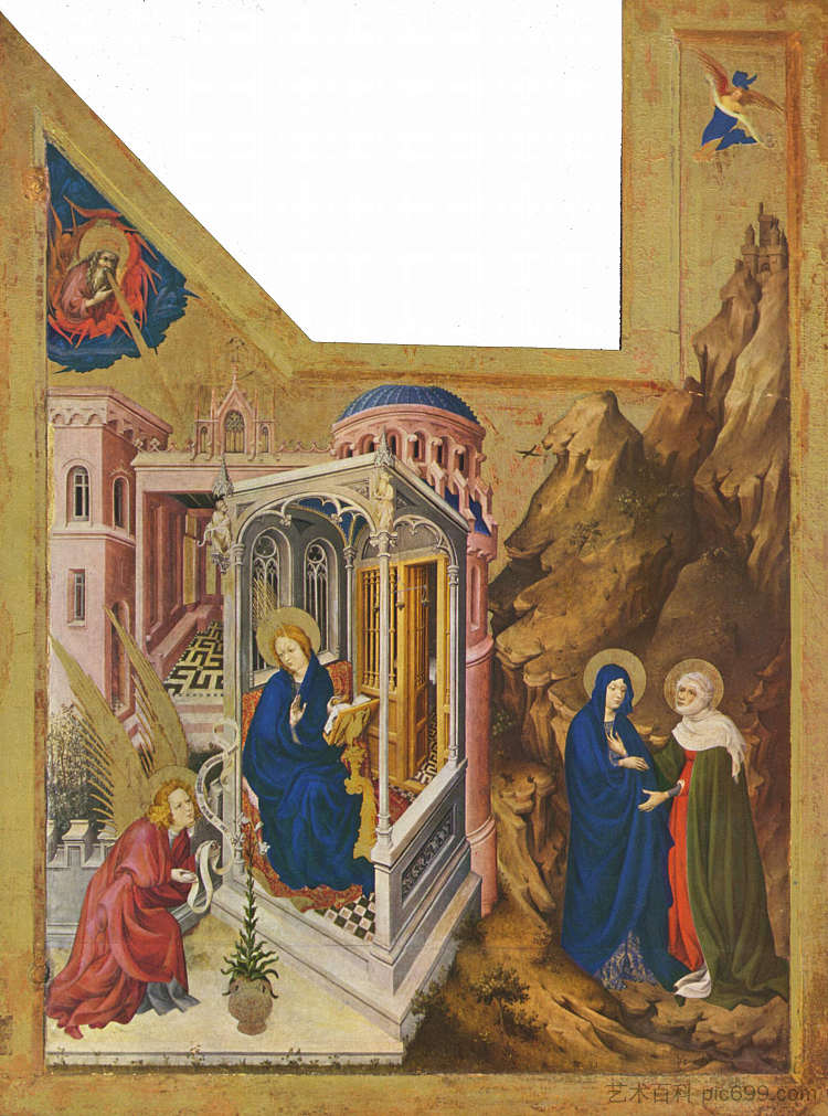 勃艮第公爵大胆的菲利普祭坛,左翼:天使报喜和探访 Altar of Philip the Bold, Duke of Burgundy, left wing: Annunciation and Visitation (1399),梅尔基奥尔·布鲁德拉姆