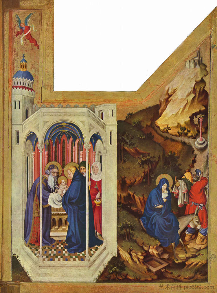 勃艮第公爵大胆的菲利普祭坛,右翼:圣殿中的演讲和飞往埃及 Altar of Philip the Bold, Duke of Burgundy, right wing: The presentation in the temple and the Flight to Egypt (1399),梅尔基奥尔·布鲁德拉姆