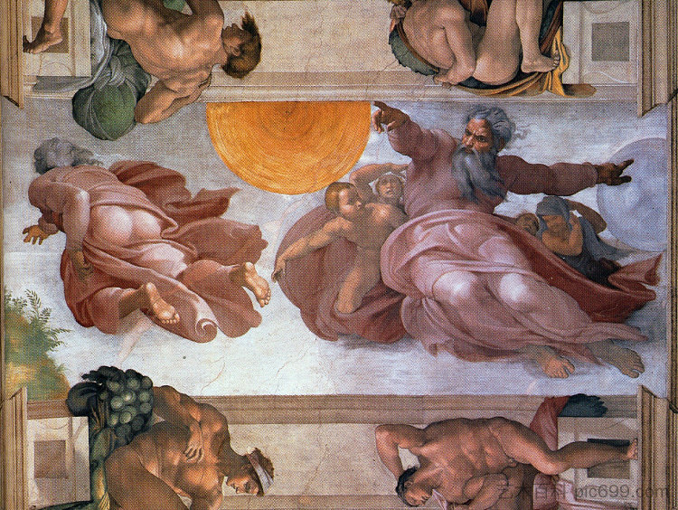 西斯廷教堂天花板：太阳和月亮的创造 Sistine Chapel Ceiling: Creation of the Sun and Moon (1508 - 1512)，米开朗基罗