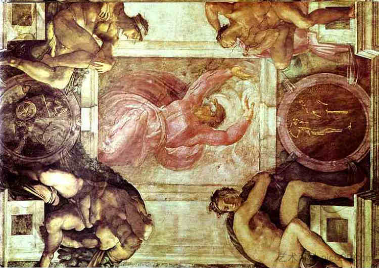 西斯廷教堂天花板：上帝将光明与黑暗分开 Sistine Chapel Ceiling: God Dividing Light from Darkness (1512)，米开朗基罗