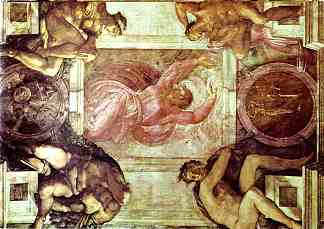 西斯廷教堂天花板：上帝将光明与黑暗分开 Sistine Chapel Ceiling: God Dividing Light from Darkness (1512)，米开朗基罗