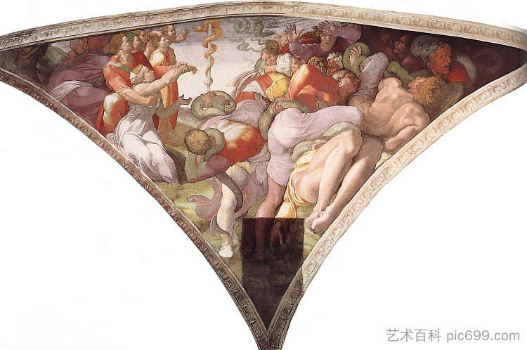 西斯廷教堂天花板：厚颜无耻的蛇 Sistine Chapel Ceiling: The Brazen Serpent (1511)，米开朗基罗