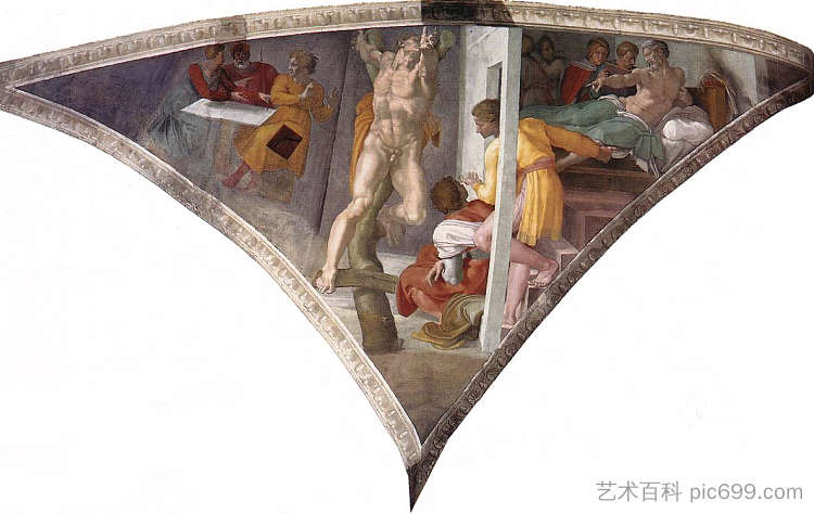 西斯廷教堂天花板：哈曼的惩罚 Sistine Chapel Ceiling: The Punishment of Haman (1512)，米开朗基罗