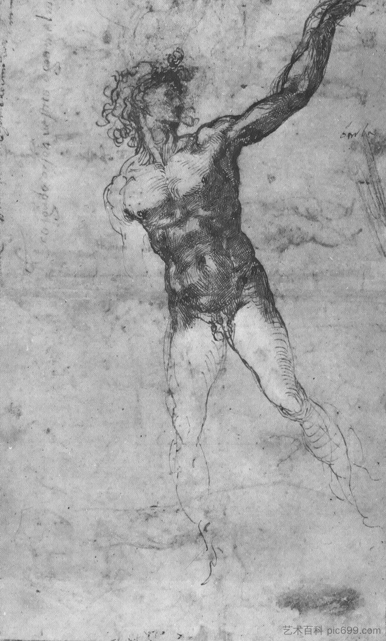 裸体男人的素描（为“卡希纳战役”研究） Sketch of a Nude Man (study for the "Battle of Cascina") (c.1503; Florence,Italy  )，米开朗基罗