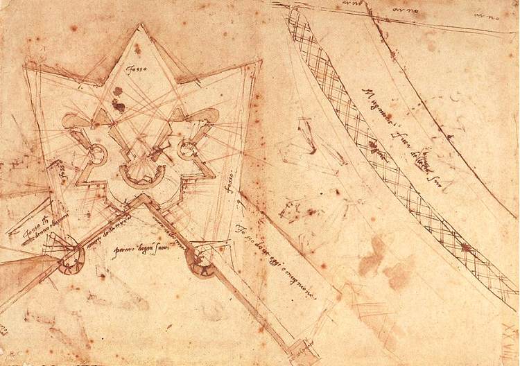 佛罗伦萨普拉托门防御工事草图（底层平面图） Sketch of fortifications of Porta del Prato in Florence (ground floor plan) (c.1525; Florence,Italy  )，米开朗基罗