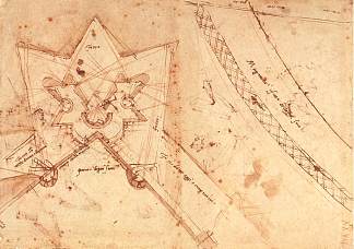 佛罗伦萨普拉托门防御工事草图（底层平面图） Sketch of fortifications of Porta del Prato in Florence  (ground floor plan) (c.1525; Florence,Italy                     )，米开朗基罗