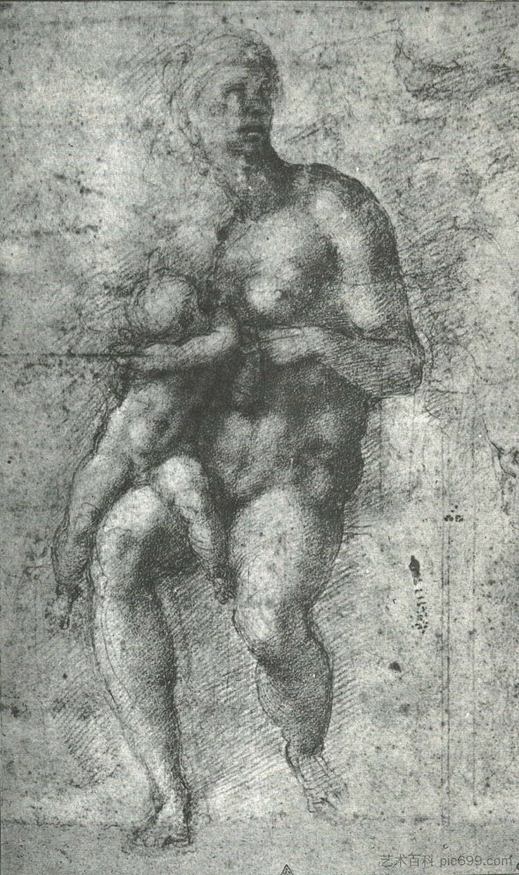 为“圣约翰与婴儿圣约翰”而学习 Study for a "Holy Family with the Infant St.John" (1534; Rome,Italy  )，米开朗基罗