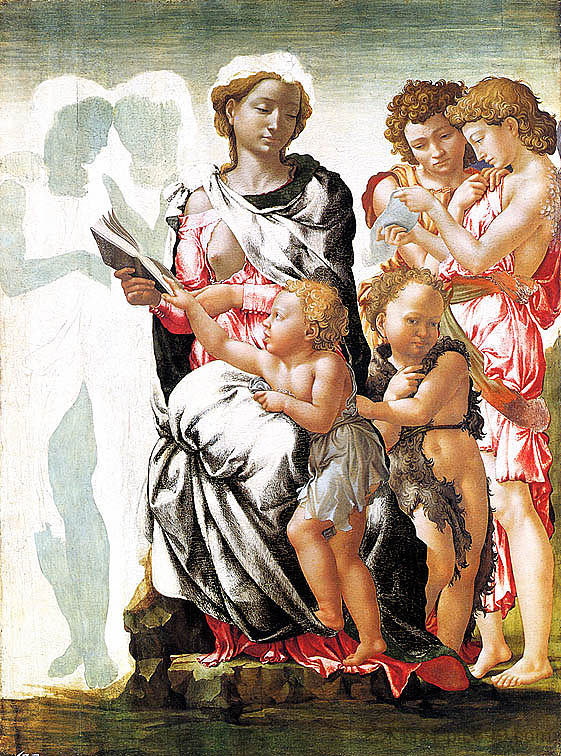 圣母子与圣约翰和天使(曼彻斯特麦当娜) The Virgin and Child with Saint John and Angels (Manchester Madonna) (c.1497; Florence,Italy ),米开朗基罗