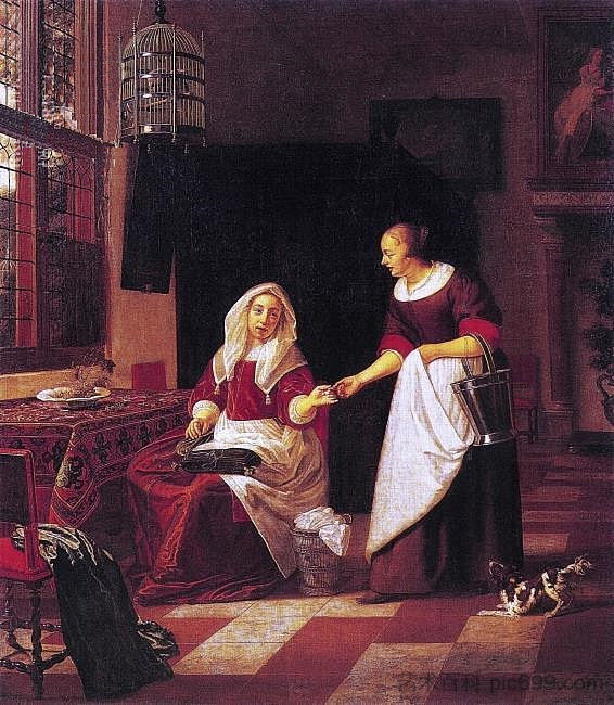 室内与一个女人和她的女仆 Interior with a Woman and Her Maid (1669)，米希尔·凡·穆谢尔