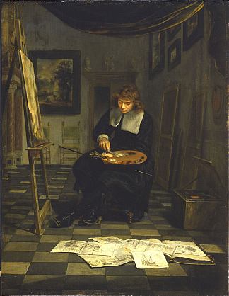 艺术家工作室的肖像（传统上被认定为威廉·范·德·维尔德二世） Portrait of An Artist in His Studio (traditionally Identified as Willem Van De Velde II)，米希尔·凡·穆谢尔