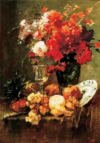 静物与鲜花和水果 Still-life with Flowers and Fruits (1882)，米哈伊·冯·穆卡西斯
