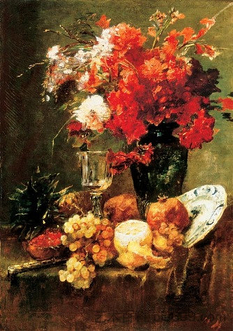 静物与鲜花和水果 Still-life with Flowers and Fruits (1882),米哈伊·冯·穆卡西斯