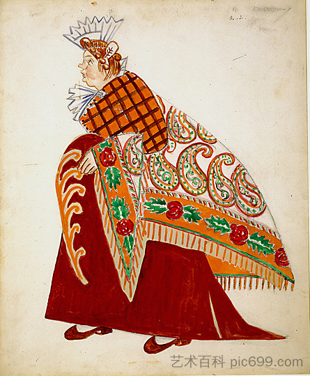 媒人。芭蕾舞剧《小丑》服装草图 Matchmaker. Sketch of the Costume for the Ballet 'The Jester' (1915)，哈伊尔·拉里奥诺夫