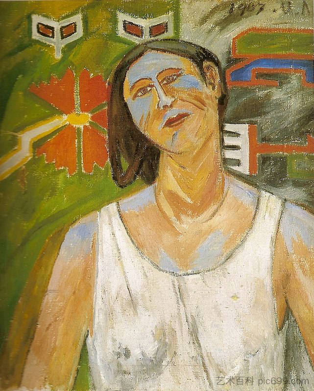 肖像德纳塔利娅·冈察洛娃 Portrait De Natalia Goncharova (1907)，哈伊尔·拉里奥诺夫