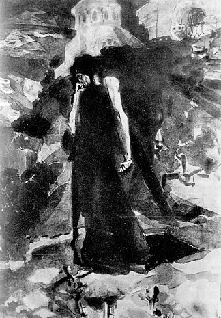 修道院城墙旁的恶魔 Demon by the walls of monastery (c.1891; Russian Federation                     )，米哈伊尔·弗贝鲁尔