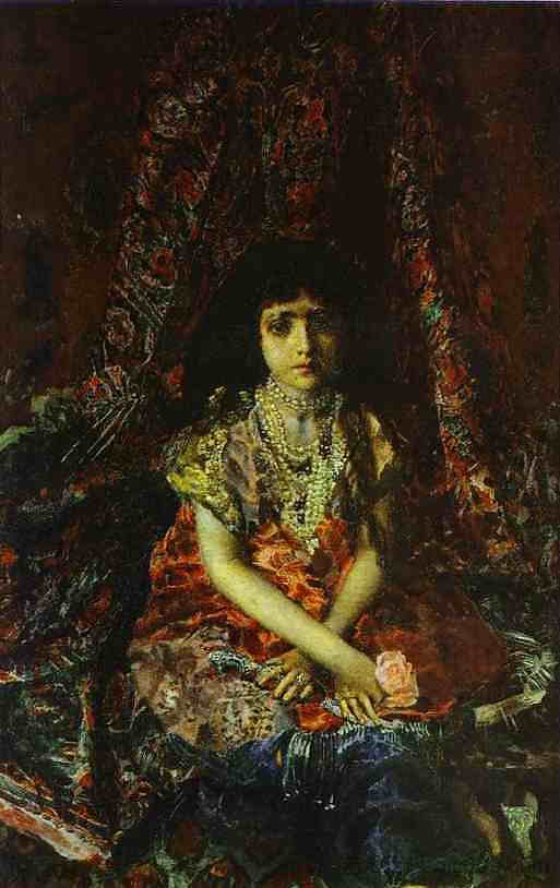 一个女孩的肖像靠在波斯地毯上 Portrait of a Girl against a Persian Carpet (1886; Kiev,Ukraine  )，米哈伊尔·弗贝鲁尔