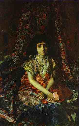 一个女孩的肖像靠在波斯地毯上 Portrait of a Girl against a Persian Carpet (1886; Kiev,Ukraine                     )，米哈伊尔·弗贝鲁尔