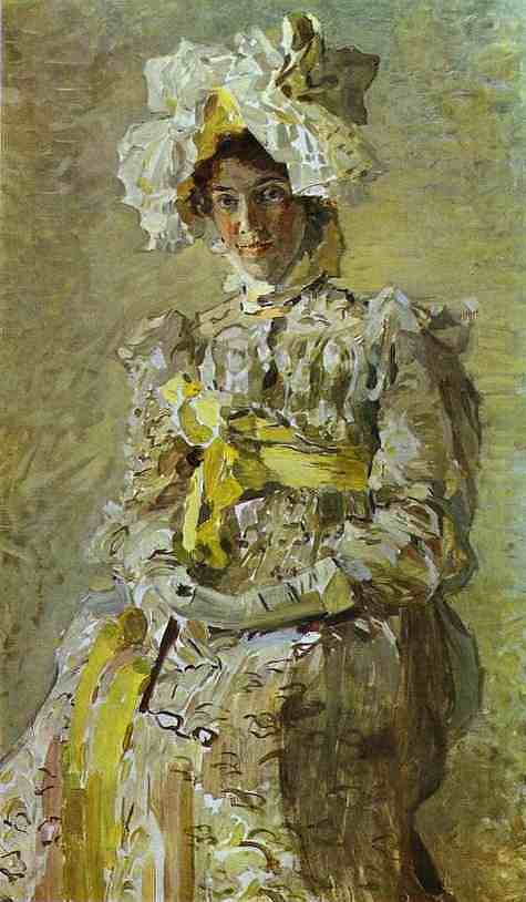艺术家的妻子娜杰日达·扎贝拉-弗鲁贝尔身着帝国礼服的肖像 Portrait of Nadezhda Zabela-Vrubel, the Artist's Wife, in an Empire Dress (1898; Russian Federation  )，米哈伊尔·弗贝鲁尔