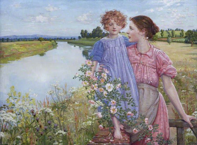 河边的母子，野玫瑰 A Mother and Child by a River, with Wild Roses (1919)，米尔德里德·阿内·巴特勒