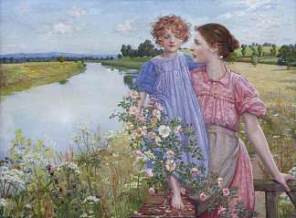 河边的母子，野玫瑰 A Mother and Child by a River, with Wild Roses (1919)，米尔德里德·阿内·巴特勒